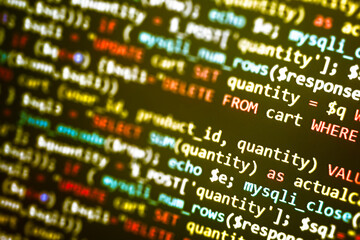 php development, software site code. data encryption security code on a computer display. programmer