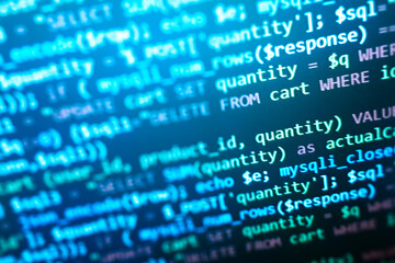 php development, software site code. data encryption security code on a computer display. programmer