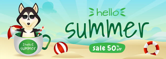 summer sale banner with a cute husky dog in the cup