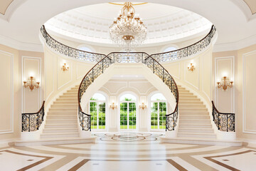 Luxurious royal interior with a beautiful staircase and chandelier. Bright large hall with large windows