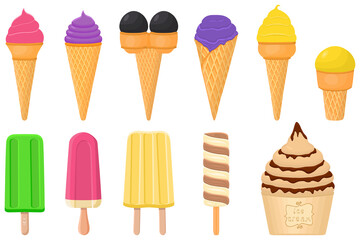 Wall Mural - big kit ice cream popsicle different types in cone waffle cup