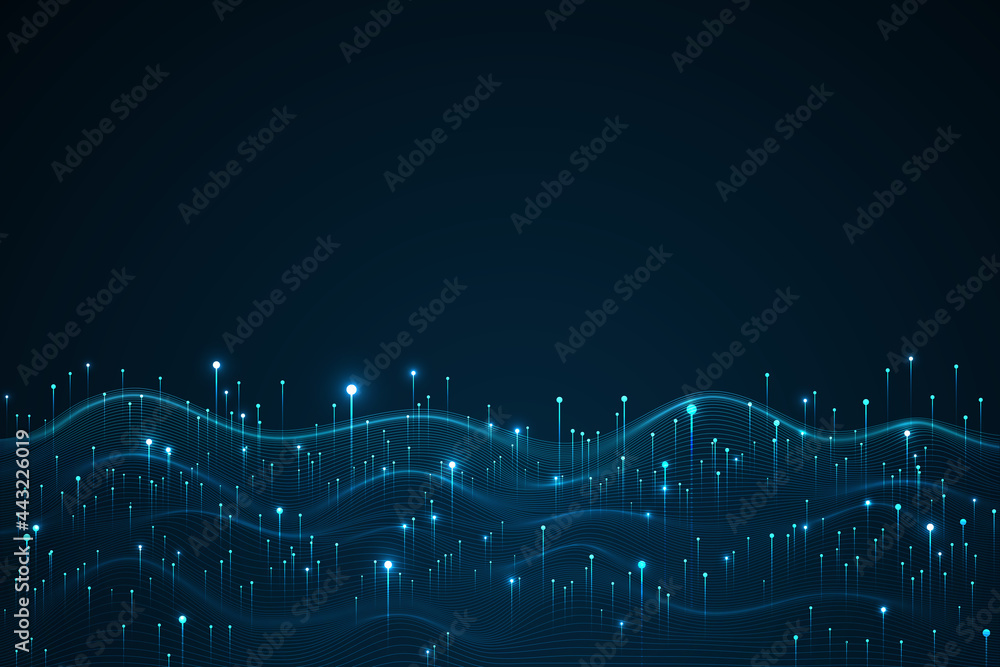 Big data visualization concept. Dynamic wave on blue background. Wave of particles - obrazy, fototapety, plakaty 