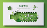 Fototapeta  - A bottle of water with a green city inside, the idea is to recycle old plastic bottles, think green, paper illustration, and 3d paper.