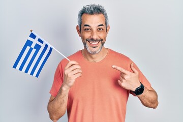 Poster - Handsome middle age man with grey hair holding greece flag smiling happy pointing with hand and finger