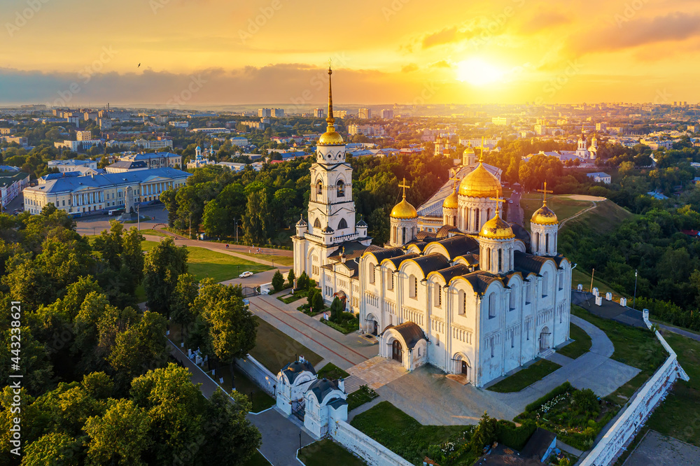 Aerial drone view of Assumption Cathedral in the city center of Vladimir with Klyazma river with summer sunny day sunset - obrazy, fototapety, plakaty 