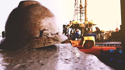 Wall Mural - Dirty drilling fluids on the hardhat in the land rig working site