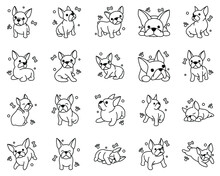 Black Line Vector Illustration Icon Set Cartoon On A White Background Of Cute French Bulldog.
