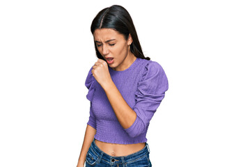 Young hispanic girl wearing casual clothes feeling unwell and coughing as symptom for cold or bronchitis. health care concept.