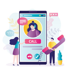 Wall Mural - Clients communicate on various issues with operator. Consultant in headphones on smartphone screen
