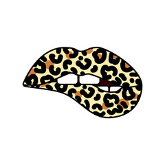 Wall Mural - Bitting lips with leopard print. Cheetah design. Isolated vector illustration. Trendy sticker