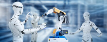 3D Humanoid Robot And Robot Arm Working Automated In Factory Futuristic Modern Tech. Future Digital Technology AI Artificial Intelligence In Industrial Factory Production Line Concept.