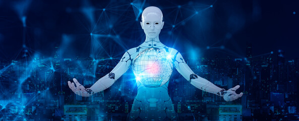 Poster - Android robot computer metaverse cyberspace background, futuristic world power of future digital technology AI artificial intelligence