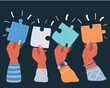 © iracosma - Vector illustration of people collaborate four piece jigsaw puzzle hold in hands on dark backround.