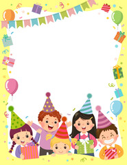 Canvas Print - Template is ready for invitation for birthday party card with group of kids holding gift boxes.