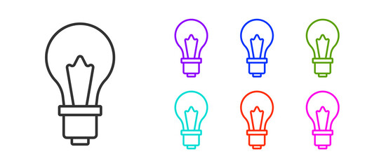 Canvas Print - Black line Light bulb with concept of idea icon isolated on white background. Energy and idea symbol. Inspiration concept. Set icons colorful. Vector