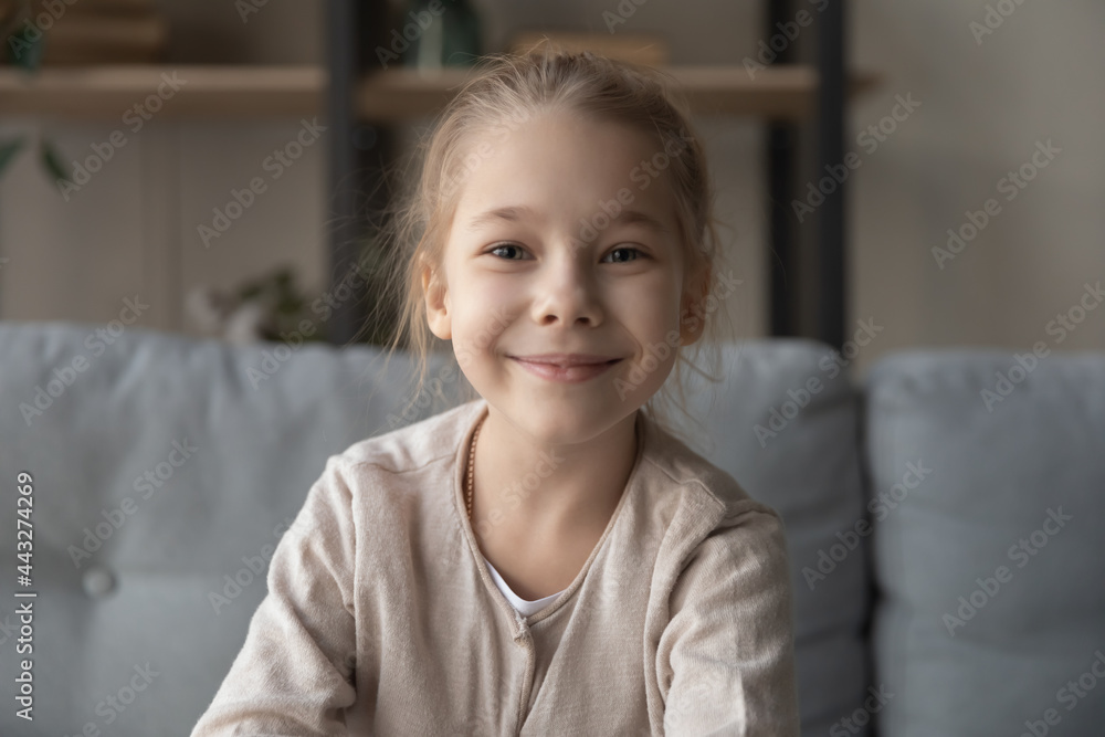Headshot webcam portrait of smiling little girl junior school age sit on couch at home look at camera making video call to friend parent. Cute preteen child vlogger use web cam to shoot clip for blog