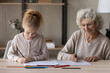 © fizkes - Pleasant old age woman child psychologist doing art therapy session involve little girl patient in drawing picture together. Caring senior grandmother assist preteen grandchild to paint coloring book