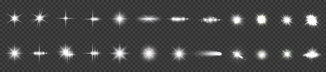 Wall Mural - Set of bright beautiful stars. Optical lens glowing flashlight effect. Light effect, bright star, light flare. White sparkles shine light effect on transparent background – for stock