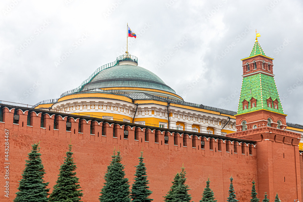 Kremlin wall and the dome of the Senate Palace with the Russian flag ...