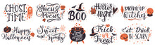 Halloween Lettering Quotes. Handwritten Halloween Phrases, Put A Spell On You And Trick Or Treat Vector Symbols Set. Spooky Halloween Lettering