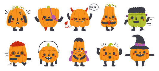 Wall Mural - Cute pumpkin mascots. Halloween party funny pumpkins with different faces isolated vector symbols set. Happy halloween pumpkin characters