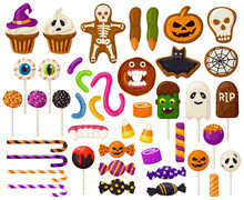 Halloween Sweets. Cartoon Halloween Candies, Spooky Lollipops, Cupcakes And Scary Jelly Sweets Vector Illustration Set. Trick Or Treat Halloween Sweets