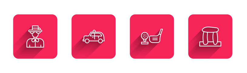 Sticker - Set line Queen Elizabeth, Taxi car, Golf club with ball on tee and Stonehenge with long shadow. Red square button. Vector