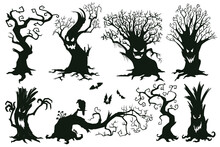 Halloween Spooky Trees. Cartoon Hooked Trees, Scary Halloween Trees With Muzzles Vector Illustration Set