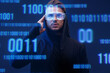 © KDdesignphoto - Man with futuristic tablet in hand. Guy using VR glasses. Augmented reality, future technology concept. Blue neon light. Futuristic holographic interface to display data.