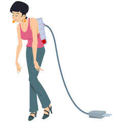 Wall Mural - Female low energy and needs charging. Tired woman is walking on street. ​​Illustration for internet and mobile website.