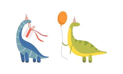 Poster - Cute Dinosaurs in Party Hats Celebrating Birthday Set, Adorable Funny Dino Characters Holding Gift Box and Inflatable Balloon Cartoon Vector Illustration