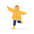 The child runs in the rain. Happy kid in a yellow raincoat during rain. Flat vector cartoon illustration isolated on white background.
