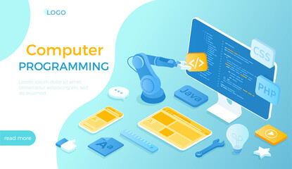 Computer programming. Software, web, app development. Program code on monitor screen, website template on on tablet and phone. Isometric vector illustration for website.