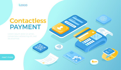 Wall Mural - Сontactless payment technology, NFC. Wireless mobile payment. POS terminal, smartphone, credit card, smartwatch, QR code scanning. Isometric vector illustration for website.