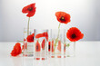 Product crystal minimal scene with glass geometric display platform and poppies flowers. Stand to show cosmetic product.