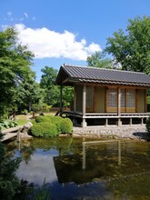St. Petersburg, Russia - July 4, 2021. Peter The Great Botanical Garden. A Tea House In The Japanese Garden Of The Architect And Designer Yamada Midori Near An Artificial Pond On A Sunny Summer Day.