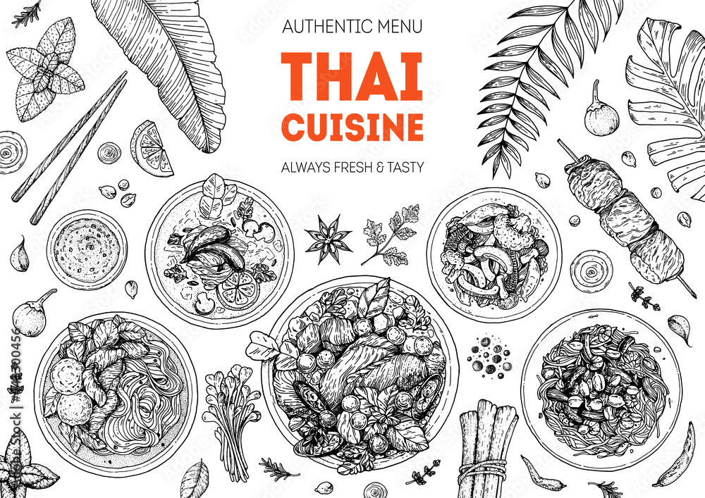 Thai food top view vector illustration. Food menu design template. Hand ...