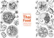 Thai food top view vector illustration. Food menu design template. Hand drawn sketch. Thai food menu. Vintage style. Pad thai, pad krapow gai, tom yum, tom kha gai, thai noodle soup
