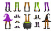  Set of different witch legs in stockings and boots, sticking up from hat and cauldron. Funny design elements for Halloween party, greeting or invitation card or flyer. Vector cartoon illustration.