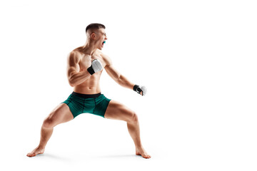 fighter stance. mma fighter isolated on white background. athlete. side view. sport