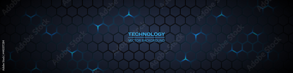 Dark grey and blue horizontal hexagonal technology abstract vector background. Blue bright energy flashes under hexagon in futuristic modern technology wide banner. Dark grey honeycomb texture grid. - obrazy, fototapety, plakaty 