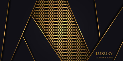 Wall Mural - Luxury dark background with golden hexagon carbon fiber. Modern background with gold metal lines. Abstract futuristic luxury backdrop. Vector illustration EPS10.