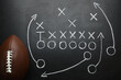 © New Africa - Rugby ball and drawn American football strategy game on black chalkboard, top view