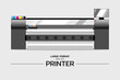Gray Large Format Inkjet Printer with 6 Colors cartridge. Industry mechanic machine for billboard or sign banner. Vector illustration for printing advertisement.
