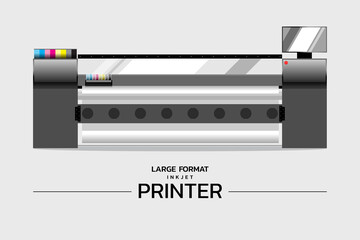 Gray Large Format Inkjet Printer with 6 Colors cartridge. Industry mechanic machine for billboard or sign banner. Vector illustration for printing advertisement.