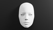 White Plastic Female Mask On Black Background. 3D Rendered Image.
