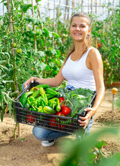 Wall Mural - Happy woman gardener holding basket with fresh vegetables in garden