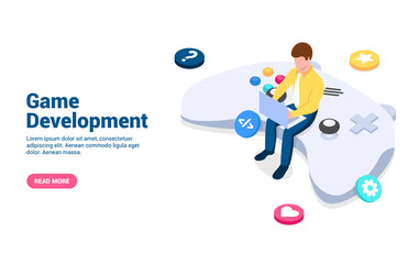 Game development concept. Vector illustration in isometric style isolated on white background