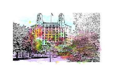 Building view with landmark of Hot Springs is the 
city in Arkansas. Watercolor splash with hand drawn sketch illustration in vector.