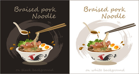 Braised pork noodle Flat vector illustration of Thai Noodle two-tone background. Delicious Thai food.Thai food vector. Pork noodles.